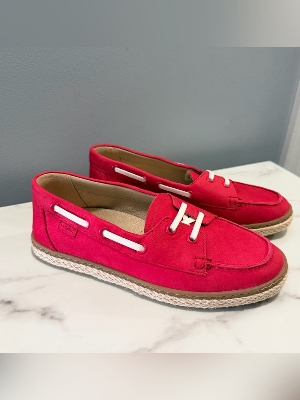 Vionic Red Suede Boat Shoe Loafers with Espadrille Sole